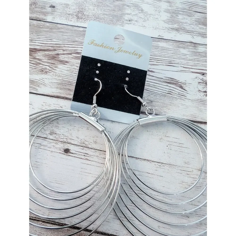 Extra Large Silver Tone Multi Circle Dangle Earrings for Pierced Ears